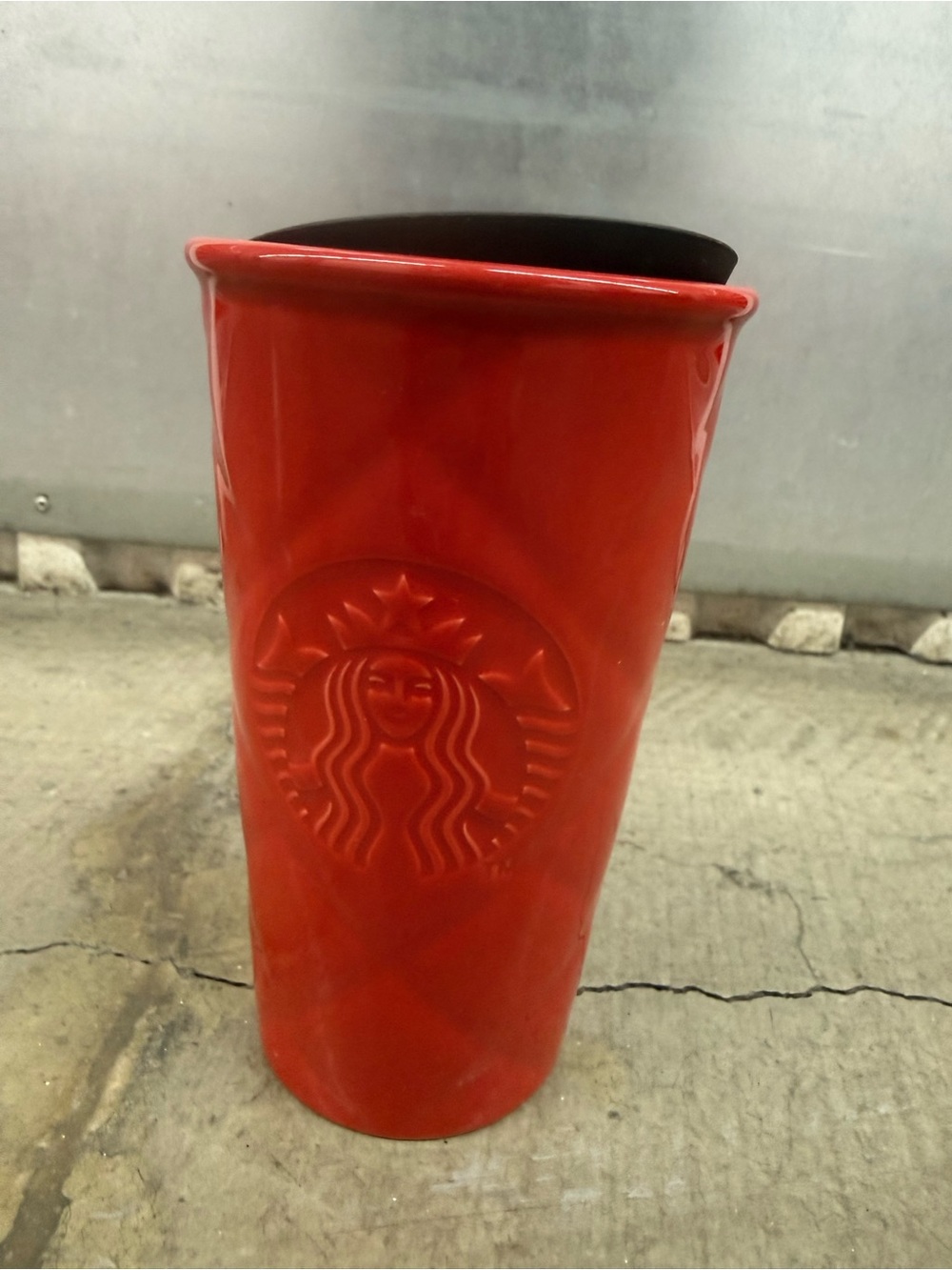 Starbucks Red Ceramic Tumbler with Embossed Logo and Black Lid